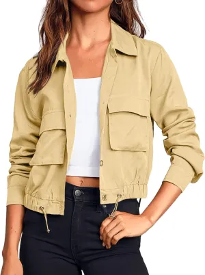 Women's Lightweight Black Cropped Utility Jacket Military Safari Button Down Anorak Coat with Pockets