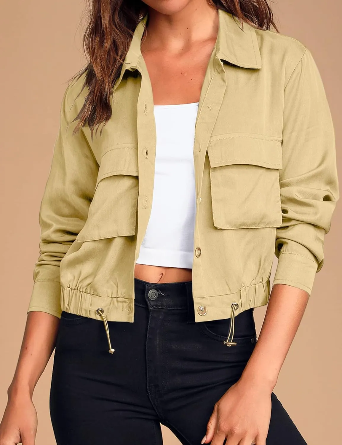 Women's Lightweight Black Cropped Utility Jacket Military Safari Button Down Anorak Coat with Pockets