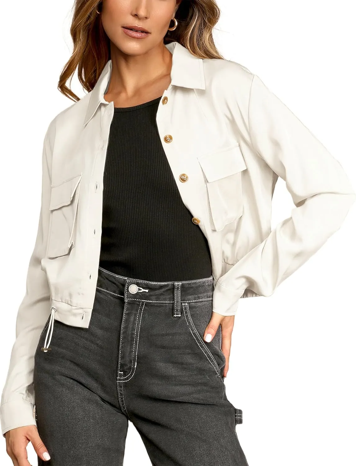 Women's Lightweight Black Cropped Utility Jacket Military Safari Button Down Anorak Coat with Pockets