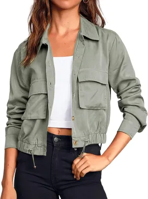 Women's Lightweight Black Cropped Utility Jacket Military Safari Button Down Anorak Coat with Pockets