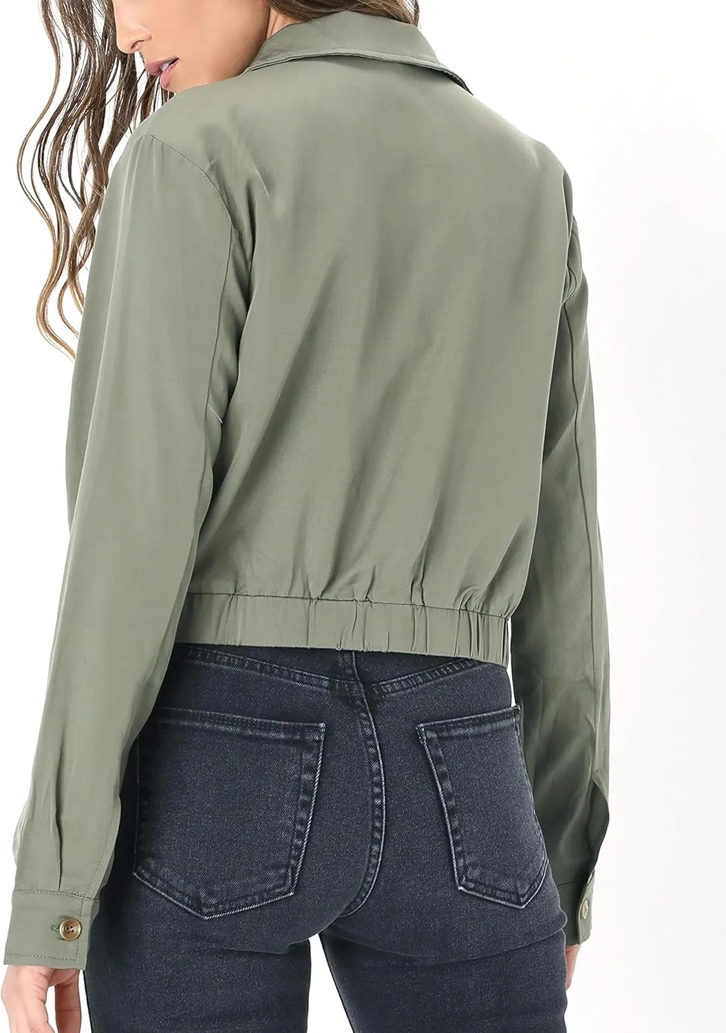 Women's Lightweight Black Cropped Utility Jacket Military Safari Button Down Anorak Coat with Pockets