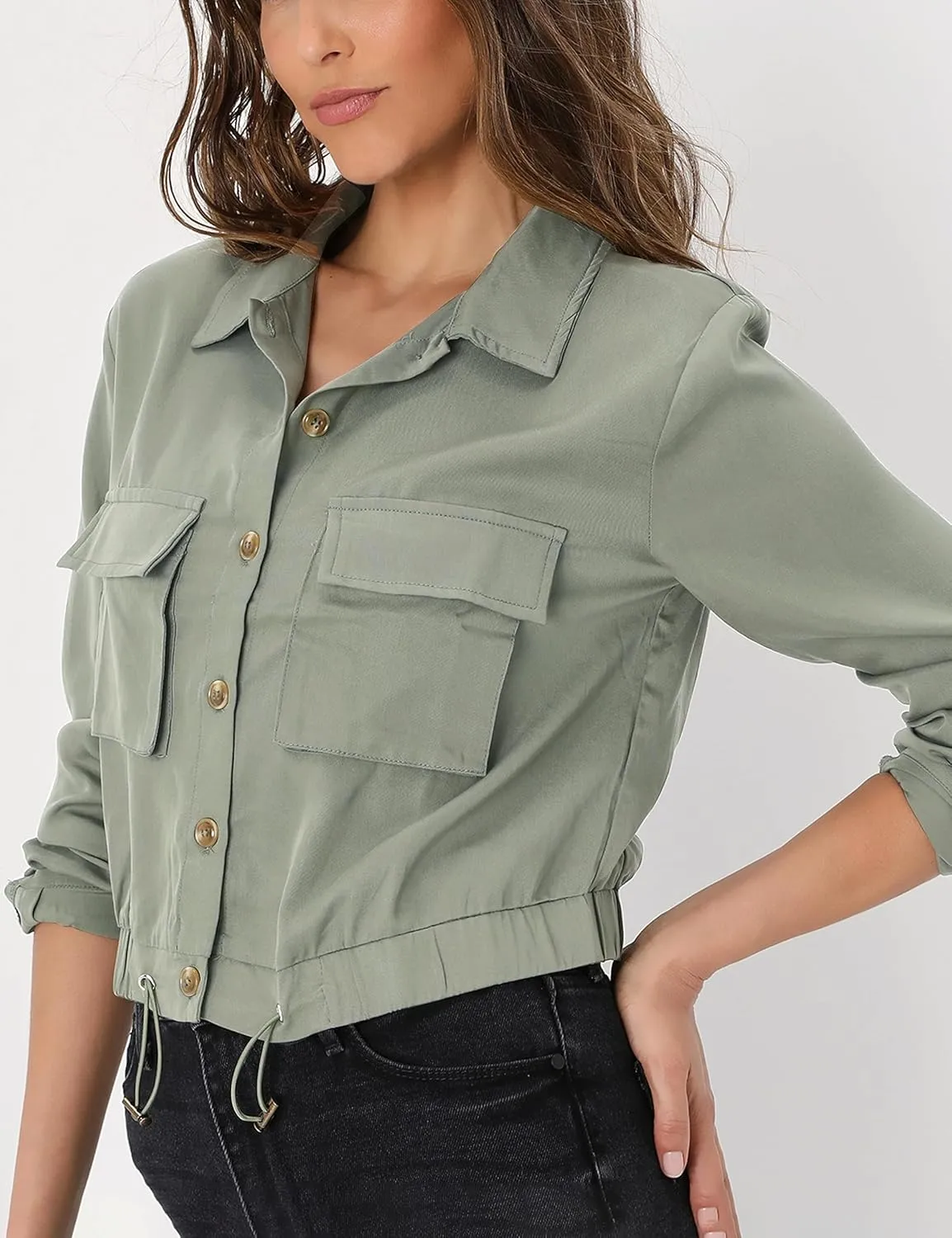 Women's Lightweight Black Cropped Utility Jacket Military Safari Button Down Anorak Coat with Pockets