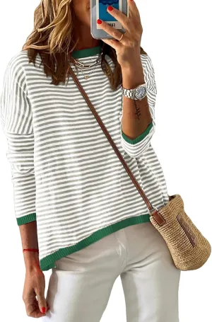 Womens Lightweight Cotton Sweaters Long Sleeve Crew Neck Color Block Striped Casual Knitted Pullover Tops