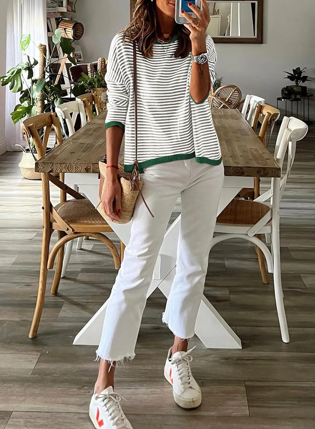 Womens Lightweight Cotton Sweaters Long Sleeve Crew Neck Color Block Striped Casual Knitted Pullover Tops
