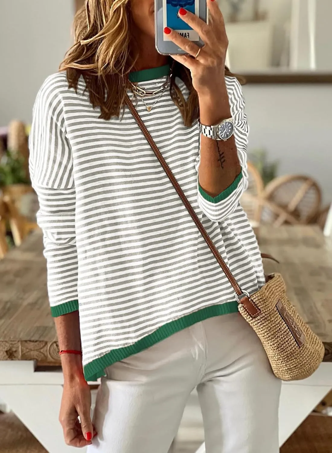 Womens Lightweight Cotton Sweaters Long Sleeve Crew Neck Color Block Striped Casual Knitted Pullover Tops