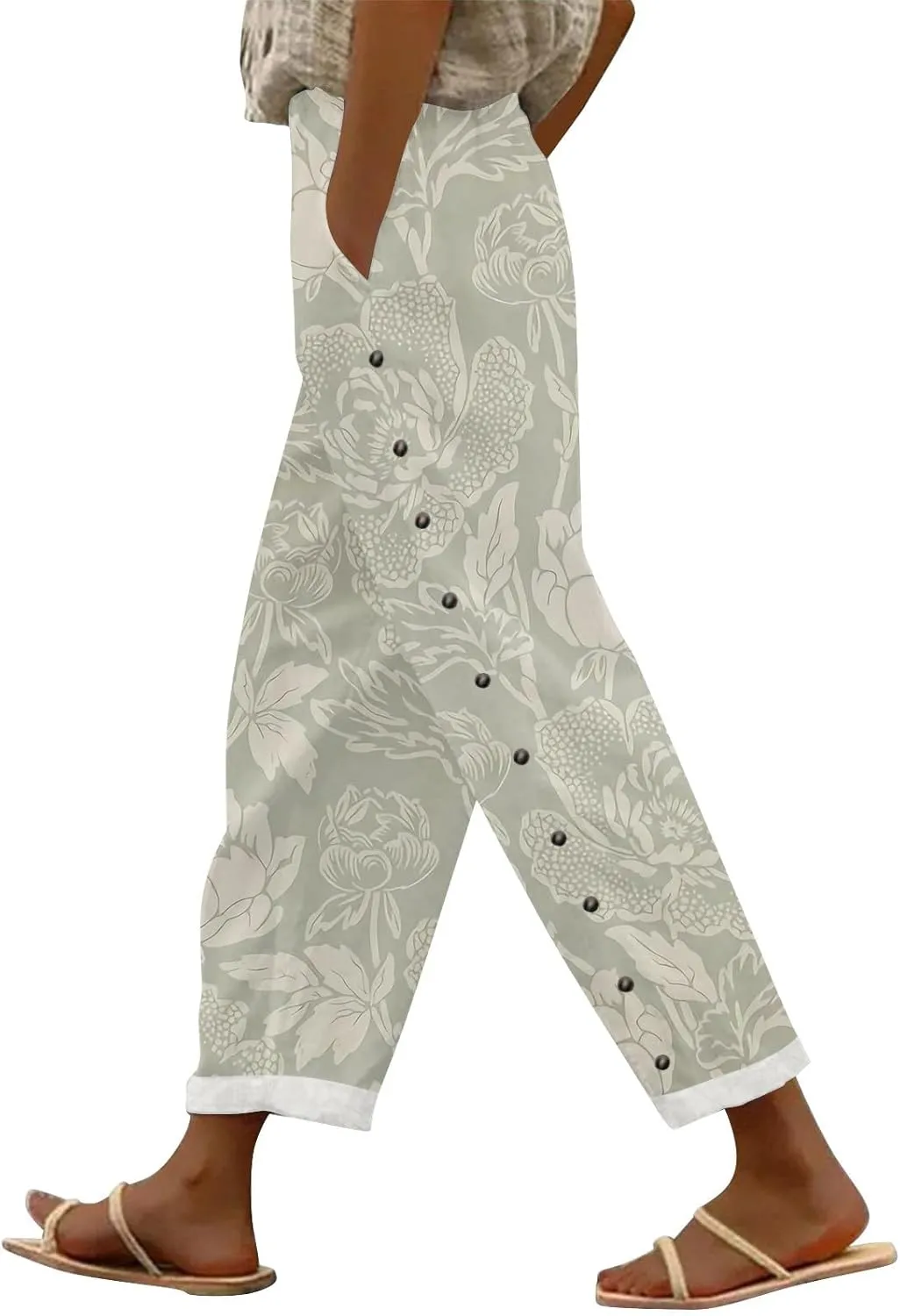 Women's Linen Capri Pants Striped Elastic Waistband High Waistband Pocket Pants Side Nine Lightweight Loose Trousers