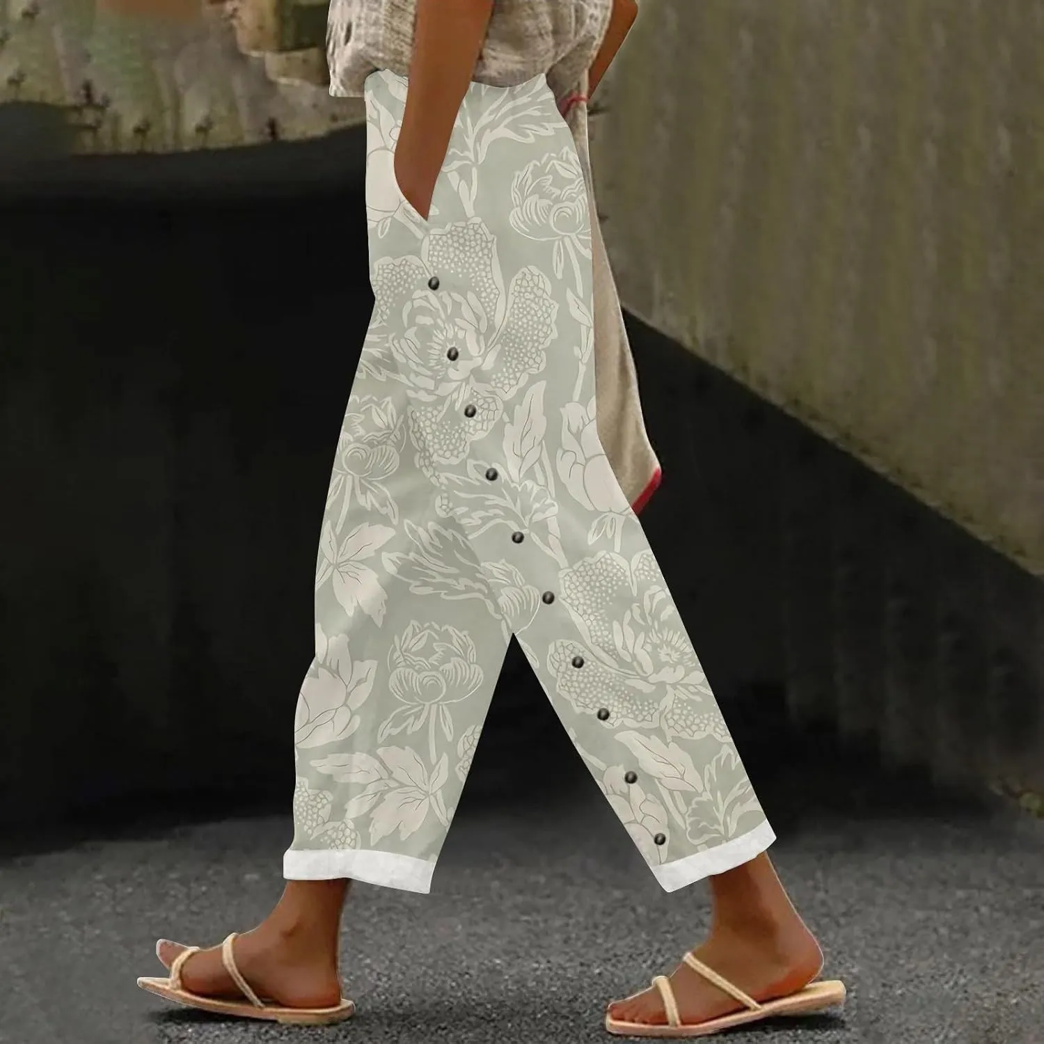 Women's Linen Capri Pants Striped Elastic Waistband High Waistband Pocket Pants Side Nine Lightweight Loose Trousers