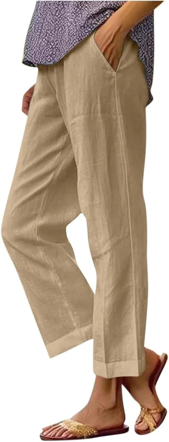 Womens Linen Pants 2025 Summer High Waisted Wide Leg Pants Casual Palazzo Pants Trendy Beach Trousers with Pockets
