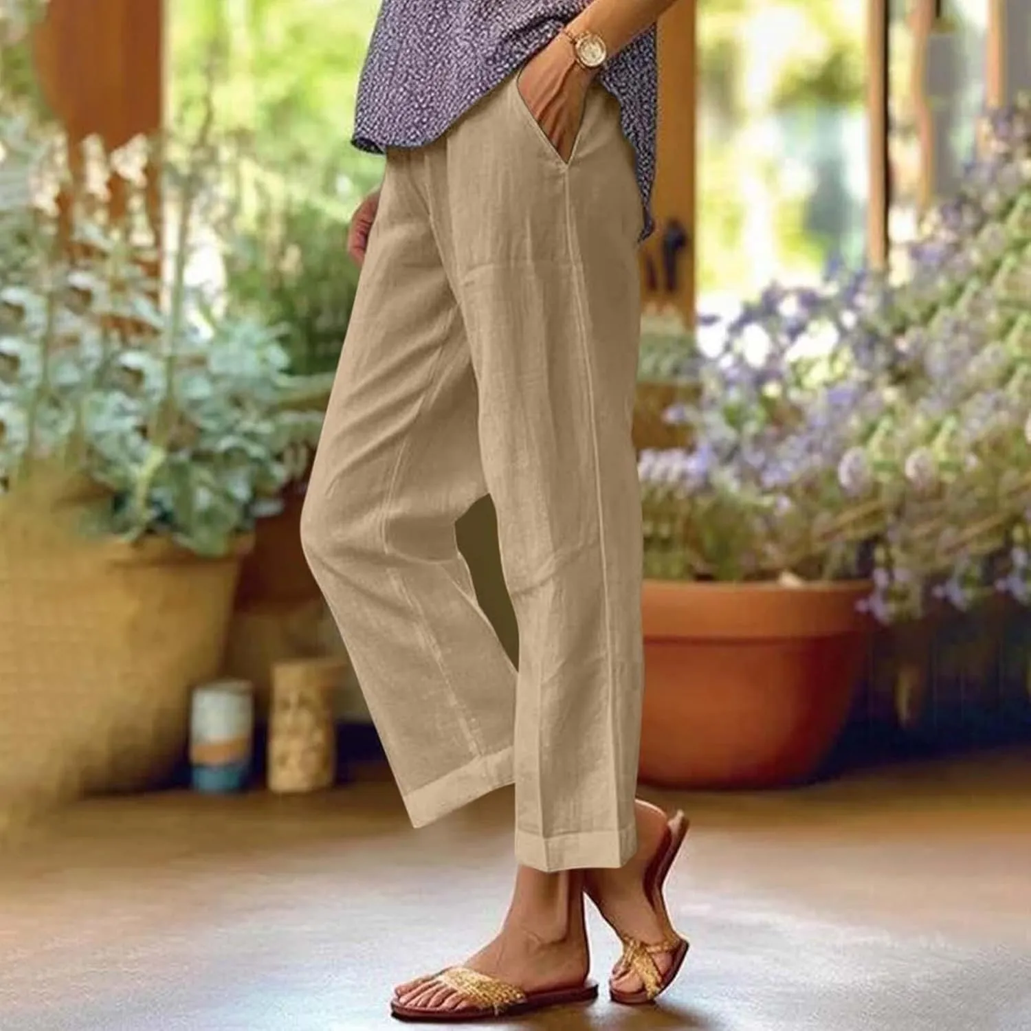 Womens Linen Pants 2025 Summer High Waisted Wide Leg Pants Casual Palazzo Pants Trendy Beach Trousers with Pockets