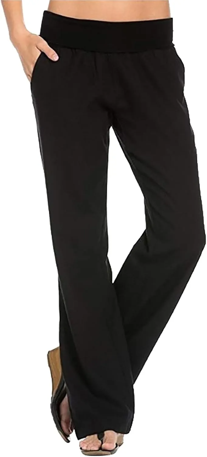 Womens Linen Pants Elastic High Waisted Wide Leg Palazzo Straight Leg Long Pants Summer Trousers with Pockets