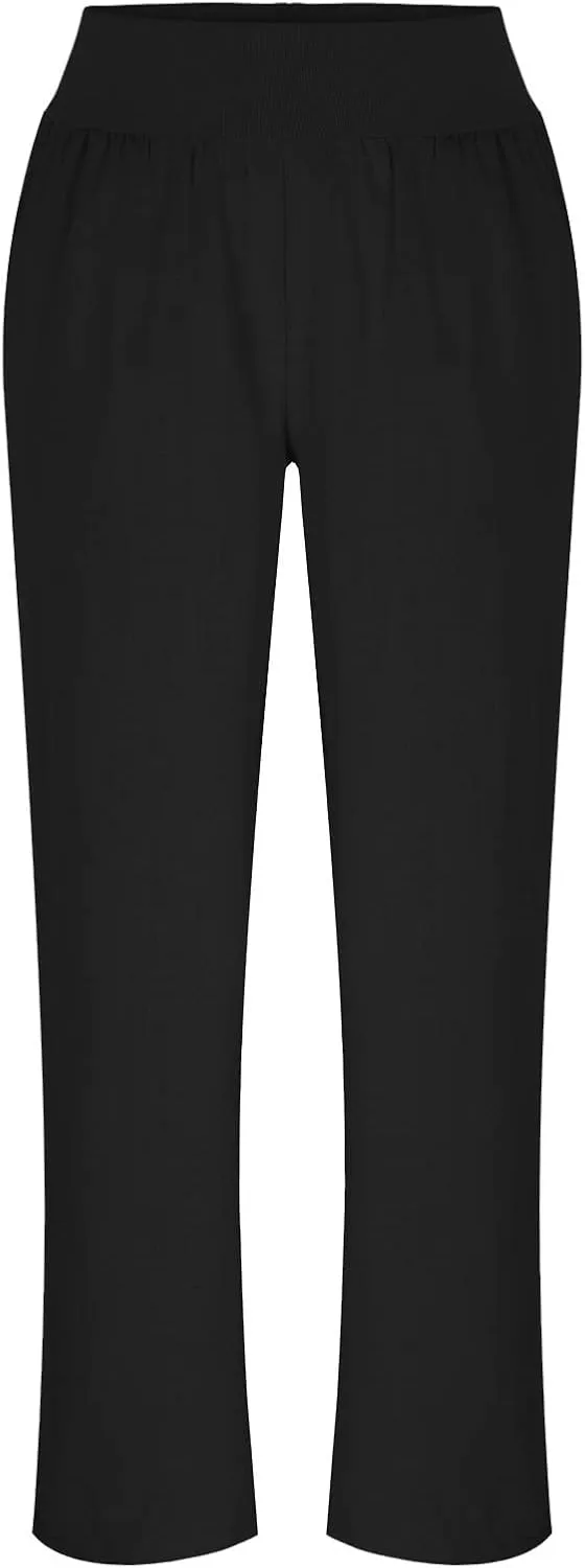 Womens Linen Pants Elastic High Waisted Wide Leg Palazzo Straight Leg Long Pants Summer Trousers with Pockets