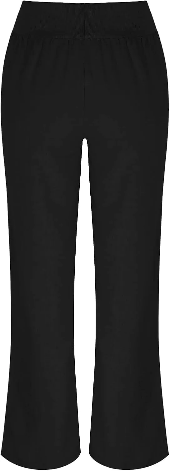 Womens Linen Pants Elastic High Waisted Wide Leg Palazzo Straight Leg Long Pants Summer Trousers with Pockets