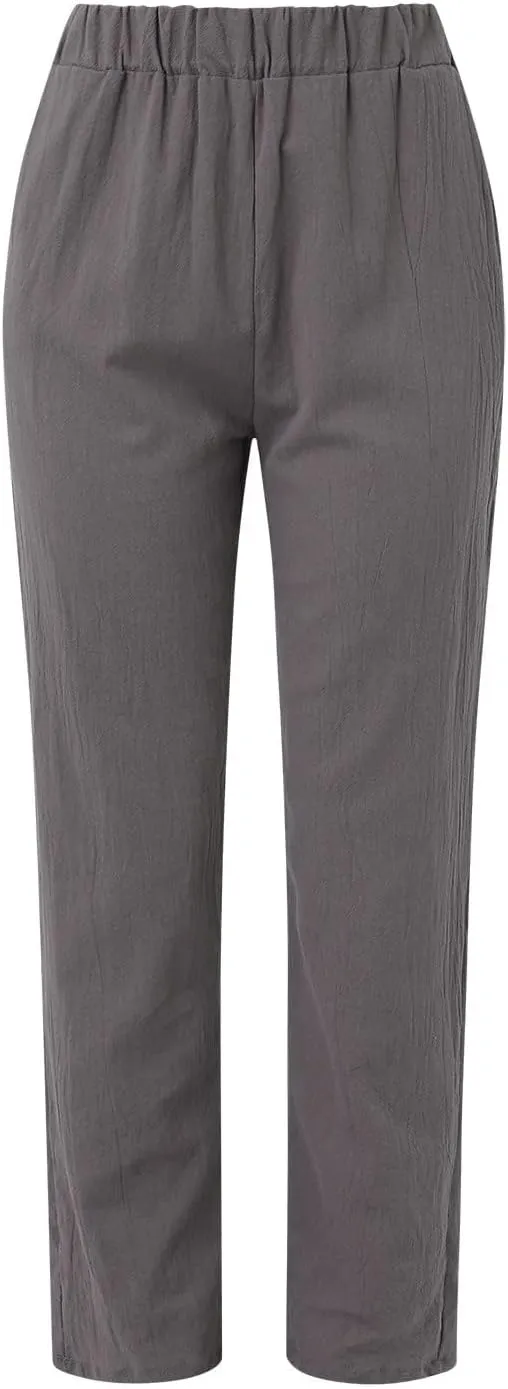 Womens Linen Pants Lightweight Straight Leg Pants Casual Elastic Waist Sweatpants Summer Beach Trousers with Pockets