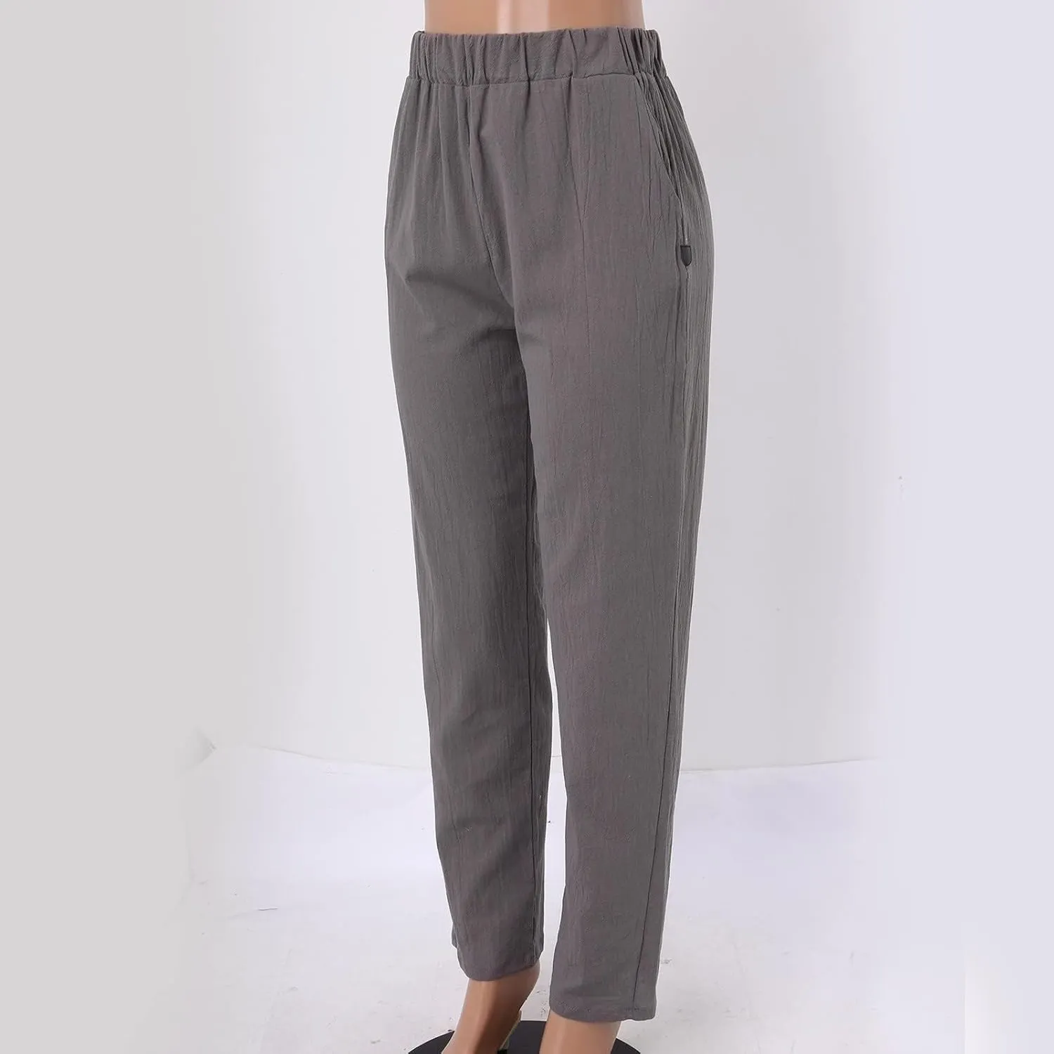 Womens Linen Pants Lightweight Straight Leg Pants Casual Elastic Waist Sweatpants Summer Beach Trousers with Pockets