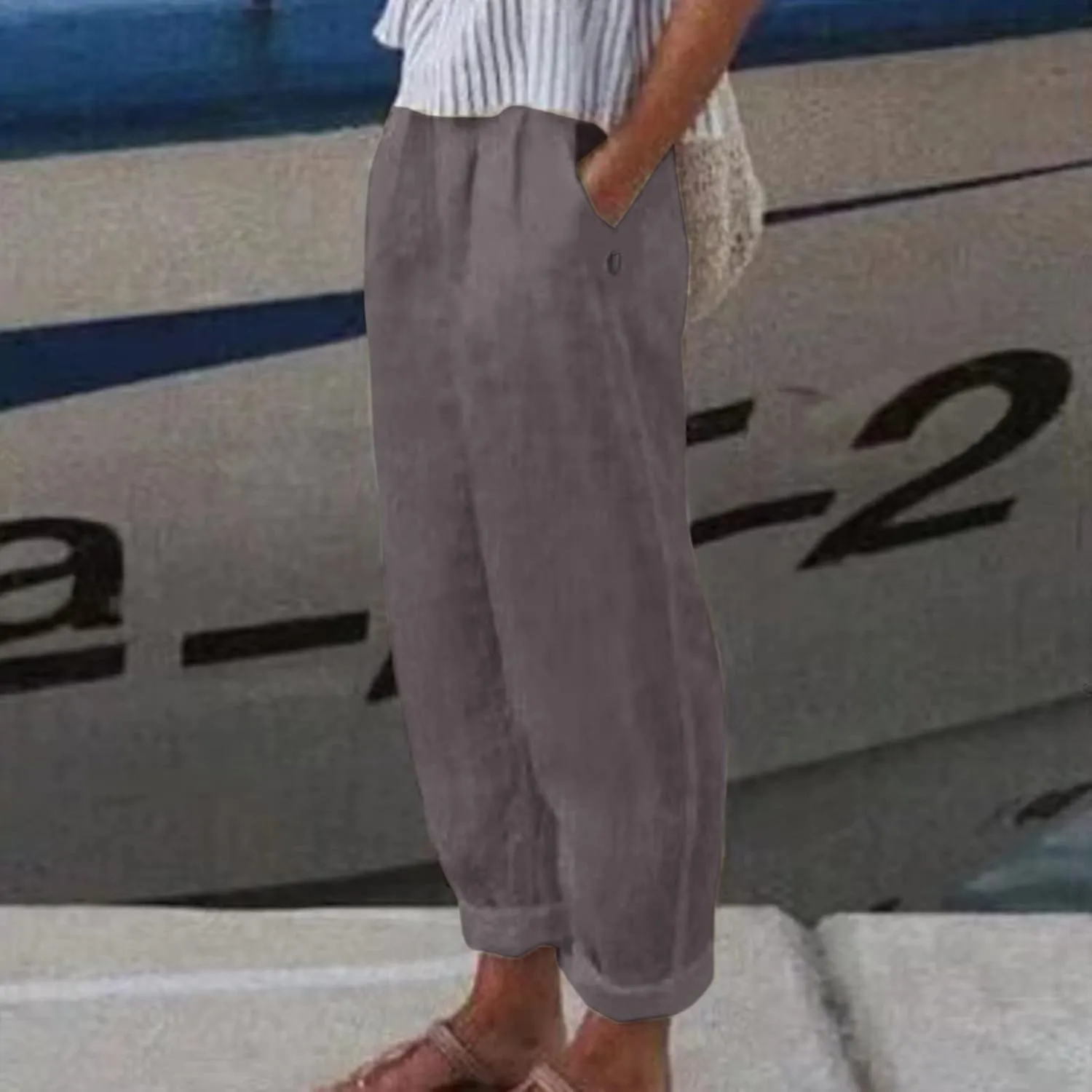 Womens Linen Pants Lightweight Straight Leg Pants Casual Elastic Waist Sweatpants Summer Beach Trousers with Pockets