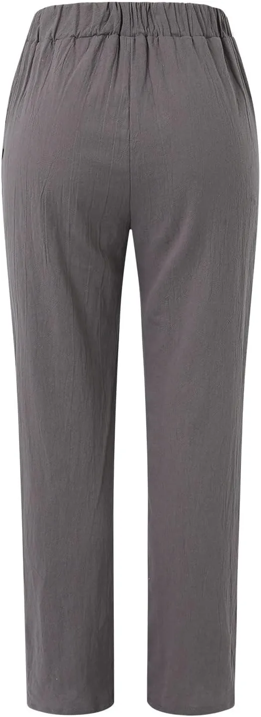Womens Linen Pants Lightweight Straight Leg Pants Casual Elastic Waist Sweatpants Summer Beach Trousers with Pockets