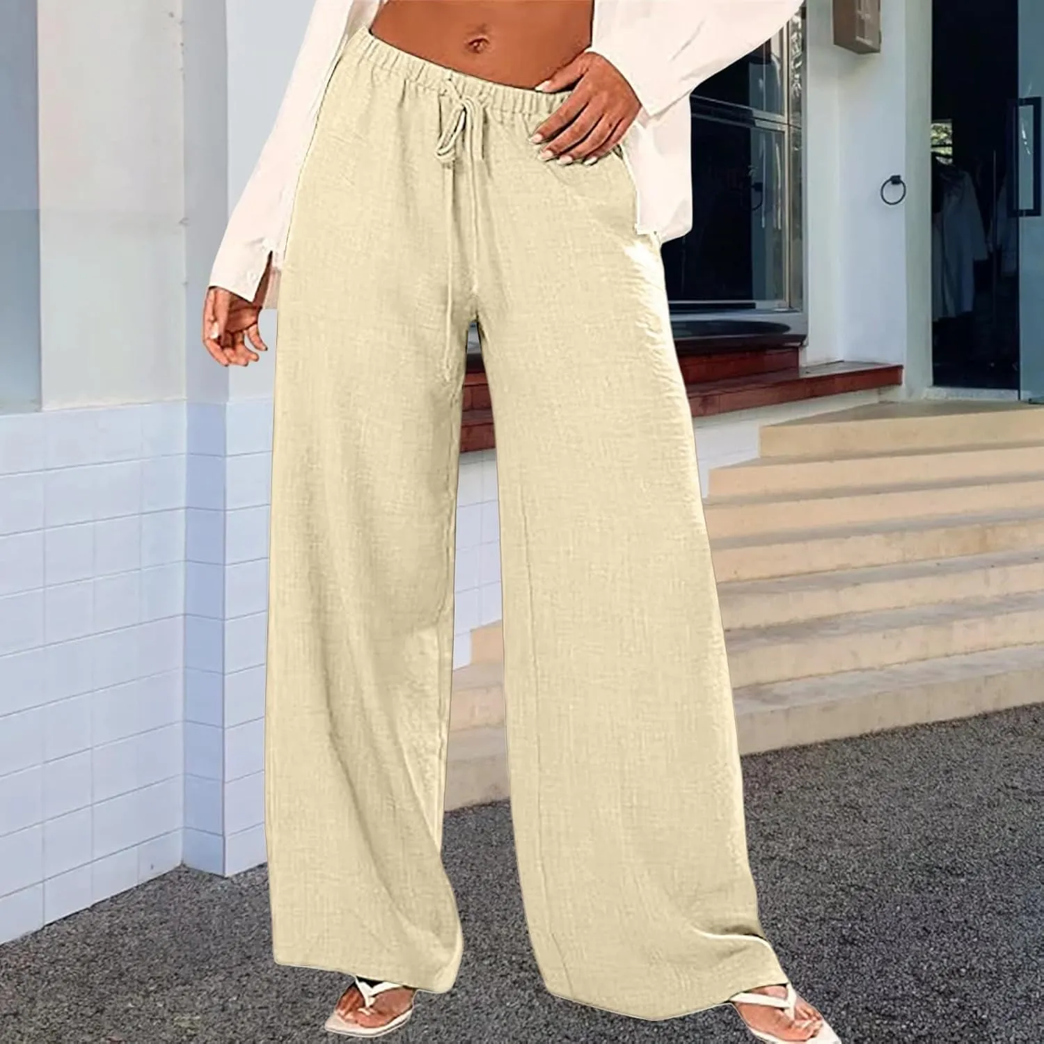 Women's Linen Pants Summer Casual Palazzo Flowy Pant Drawstring Elastic Waist Wide Leg Trousers Beach Vacation Pants