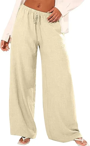 Women's Linen Pants Summer Casual Palazzo Flowy Pant Drawstring Elastic Waist Wide Leg Trousers Beach Vacation Pants