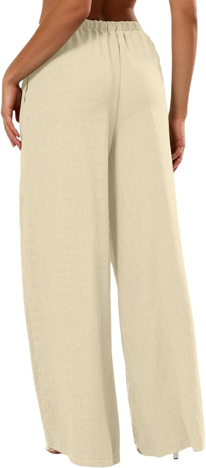 Women's Linen Pants Summer Casual Palazzo Flowy Pant Drawstring Elastic Waist Wide Leg Trousers Beach Vacation Pants