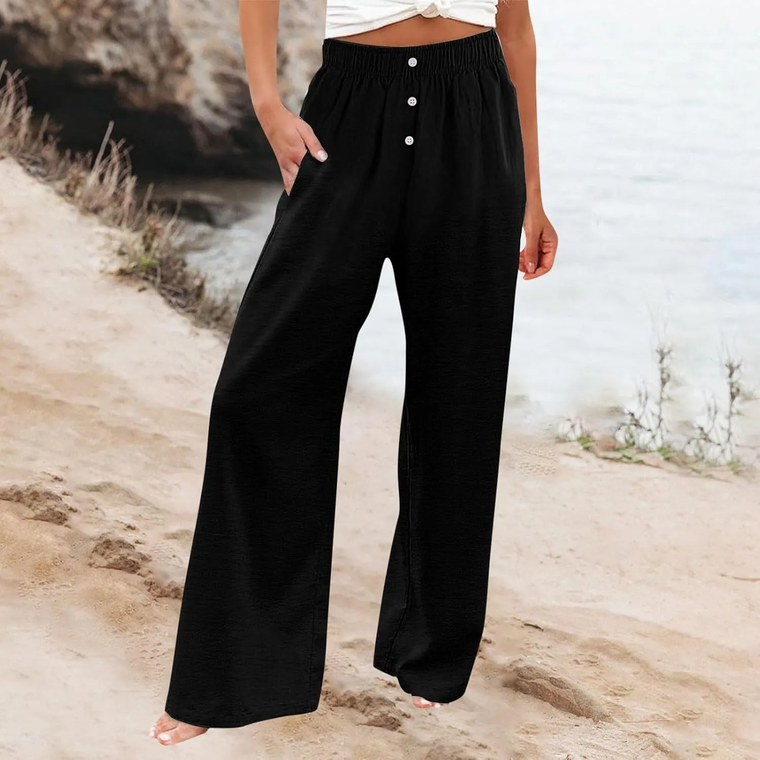 Womens Linen Pants Summer Wide Leg Palazzo High Waist Lightweight Beach Casual Lounge Pant