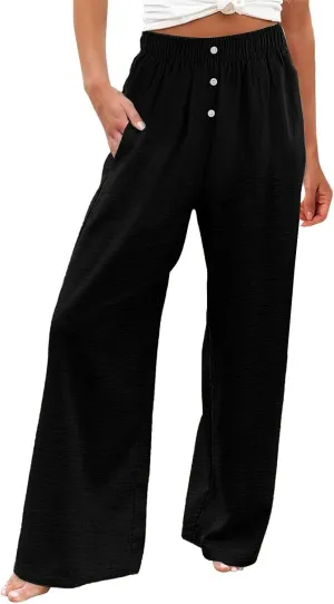 Womens Linen Pants Summer Wide Leg Palazzo High Waist Lightweight Beach Casual Lounge Pant