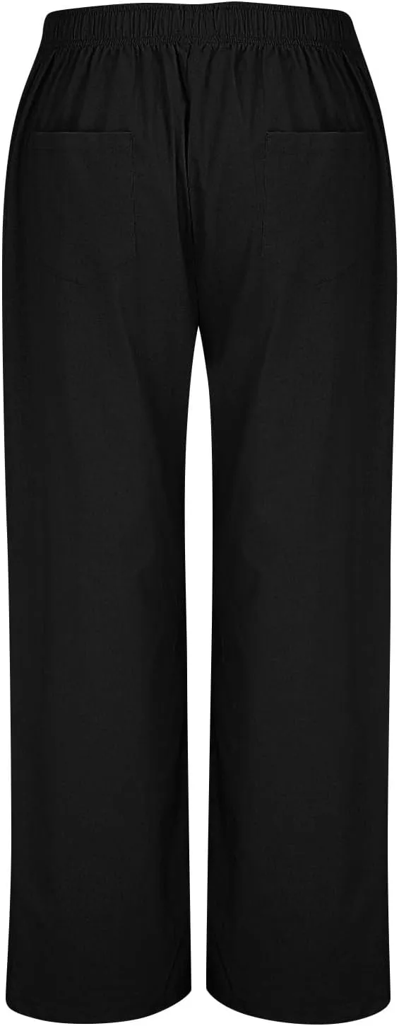 Womens Linen Pants Summer Wide Leg Palazzo High Waist Lightweight Beach Casual Lounge Pant