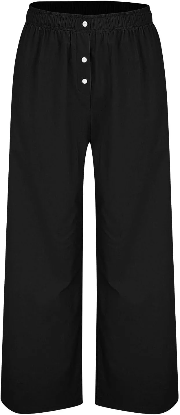 Womens Linen Pants Summer Wide Leg Palazzo High Waist Lightweight Beach Casual Lounge Pant