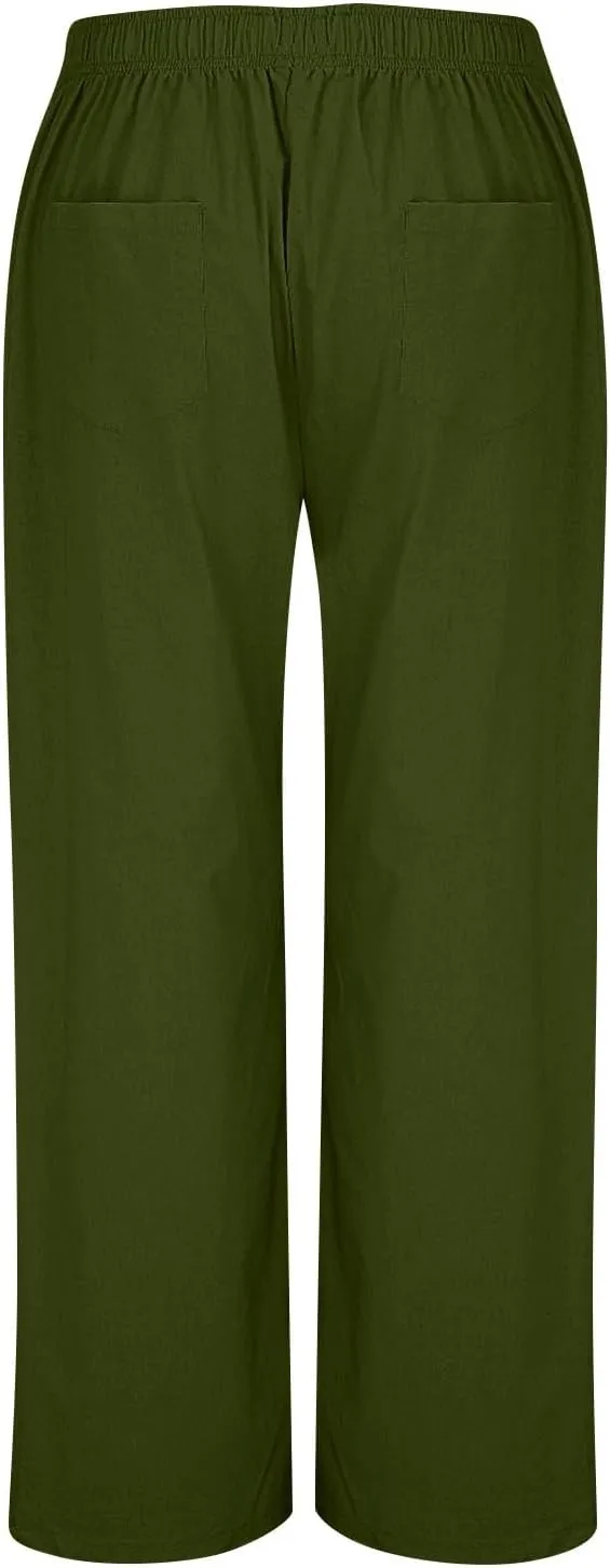 Womens Linen Pants Summer Wide Leg Palazzo High Waist Lightweight Beach Casual Vacation Pant