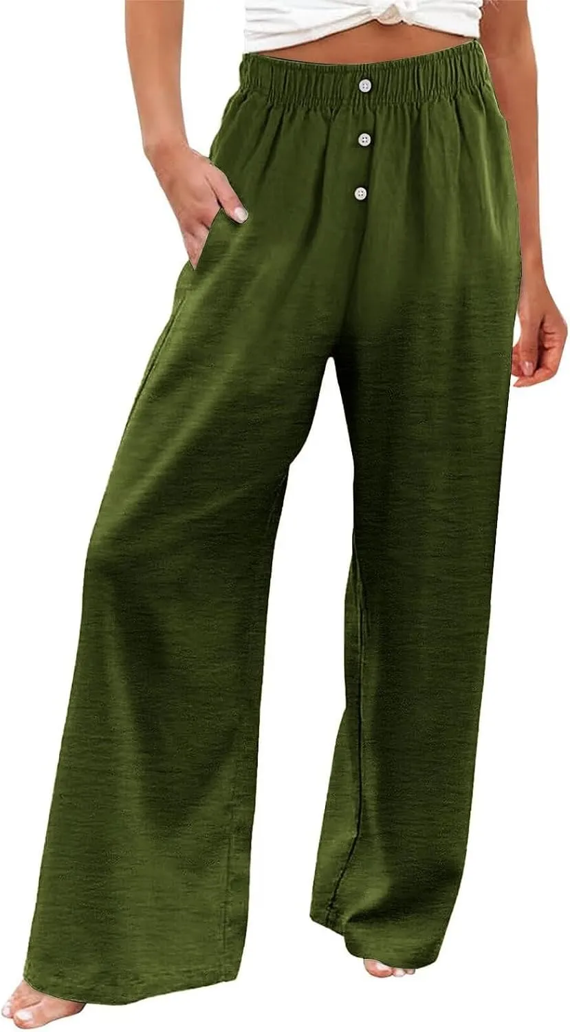 Womens Linen Pants Summer Wide Leg Palazzo High Waist Lightweight Beach Casual Vacation Pant