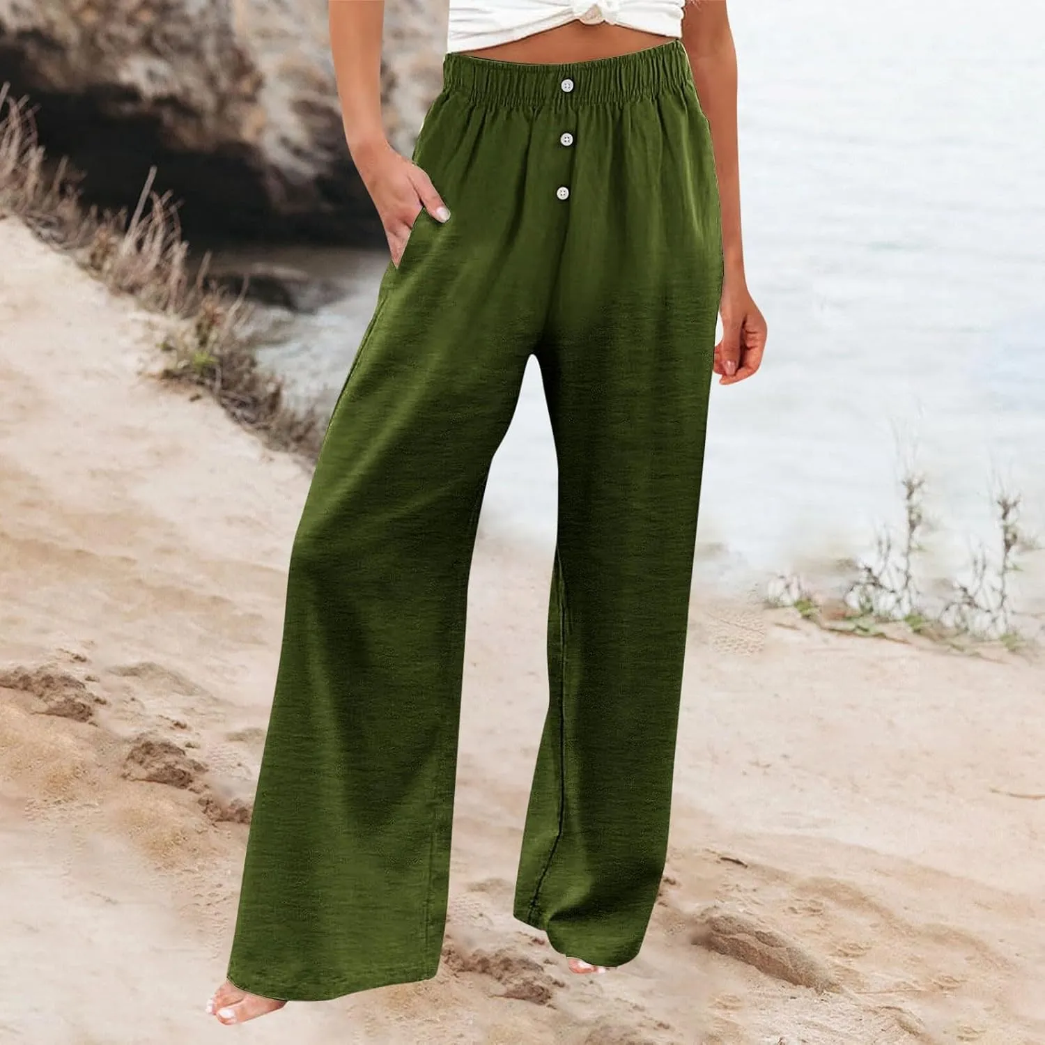 Womens Linen Pants Summer Wide Leg Palazzo High Waist Lightweight Beach Casual Vacation Pant