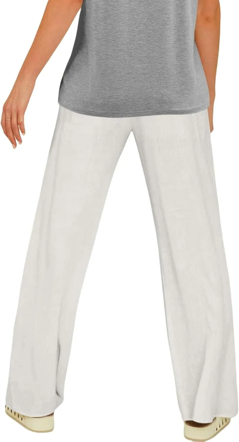 Women's Linen Summer Palazzo Pants Flowy Drawstring Elastic Waist Wide Leg Palazzo Pants Loose Casual Fashion Trouser