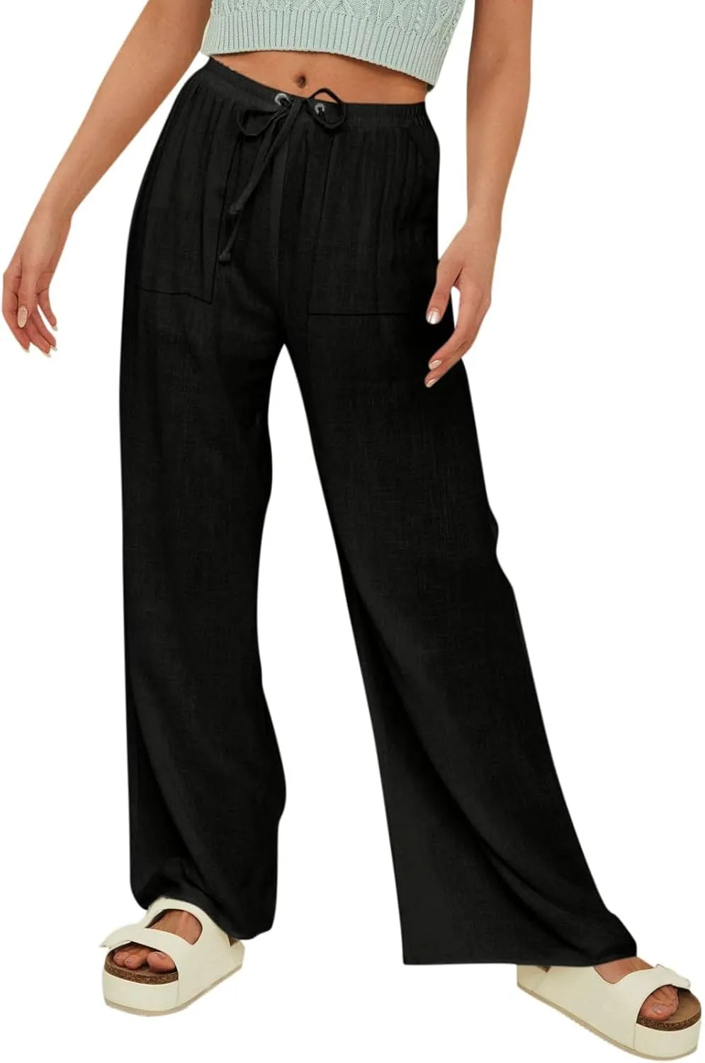 Women's Linen Summer Palazzo Pants Flowy Drawstring Elastic Waist Wide Leg Palazzo Pants Loose Casual Fashion Trouser