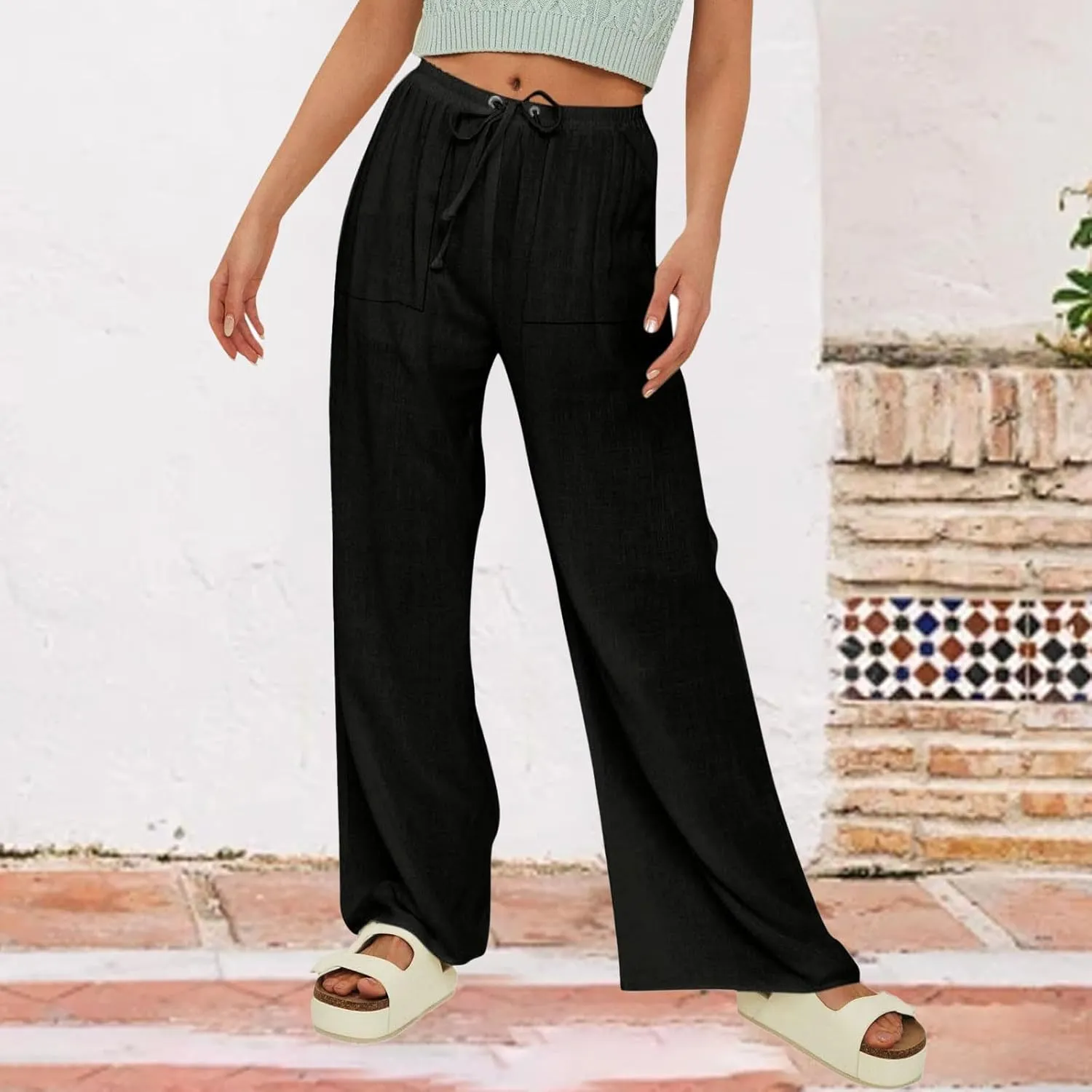 Women's Linen Summer Palazzo Pants Flowy Drawstring Elastic Waist Wide Leg Palazzo Pants Loose Casual Fashion Trouser
