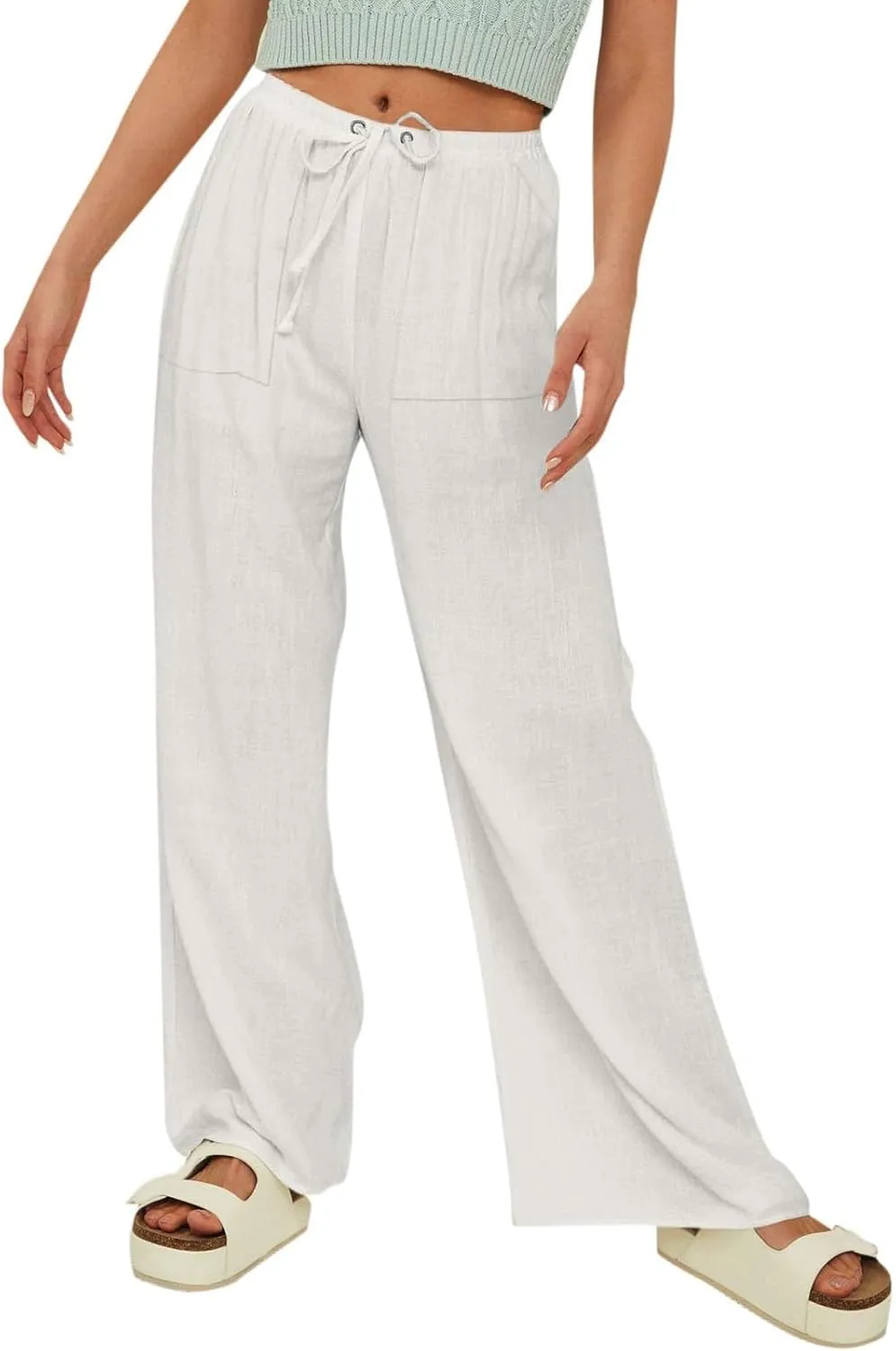 Women's Linen Summer Palazzo Pants Flowy Drawstring Elastic Waist Wide Leg Palazzo Pants Loose Casual Fashion Trouser