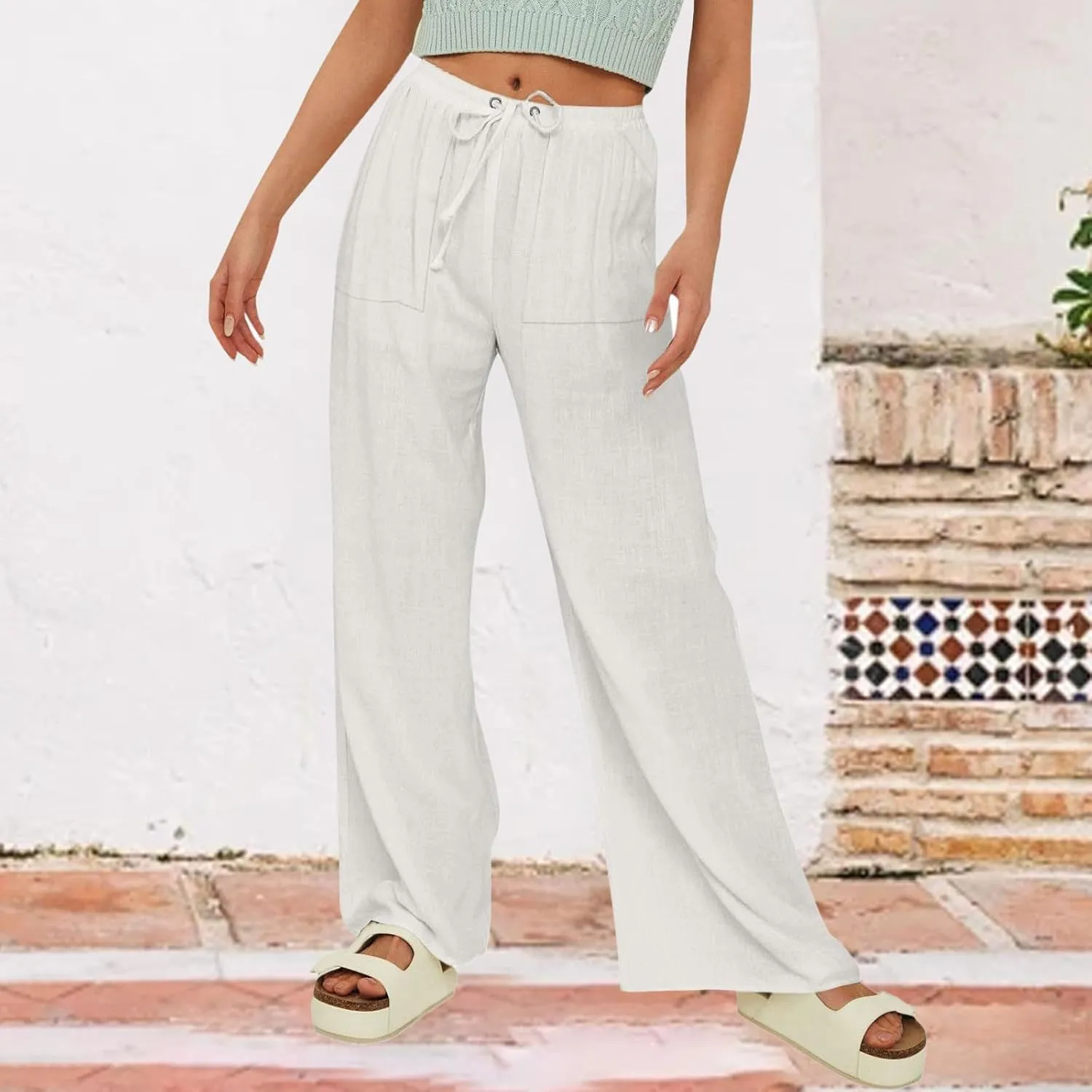 Women's Linen Summer Palazzo Pants Flowy Drawstring Elastic Waist Wide Leg Palazzo Pants Loose Casual Fashion Trouser