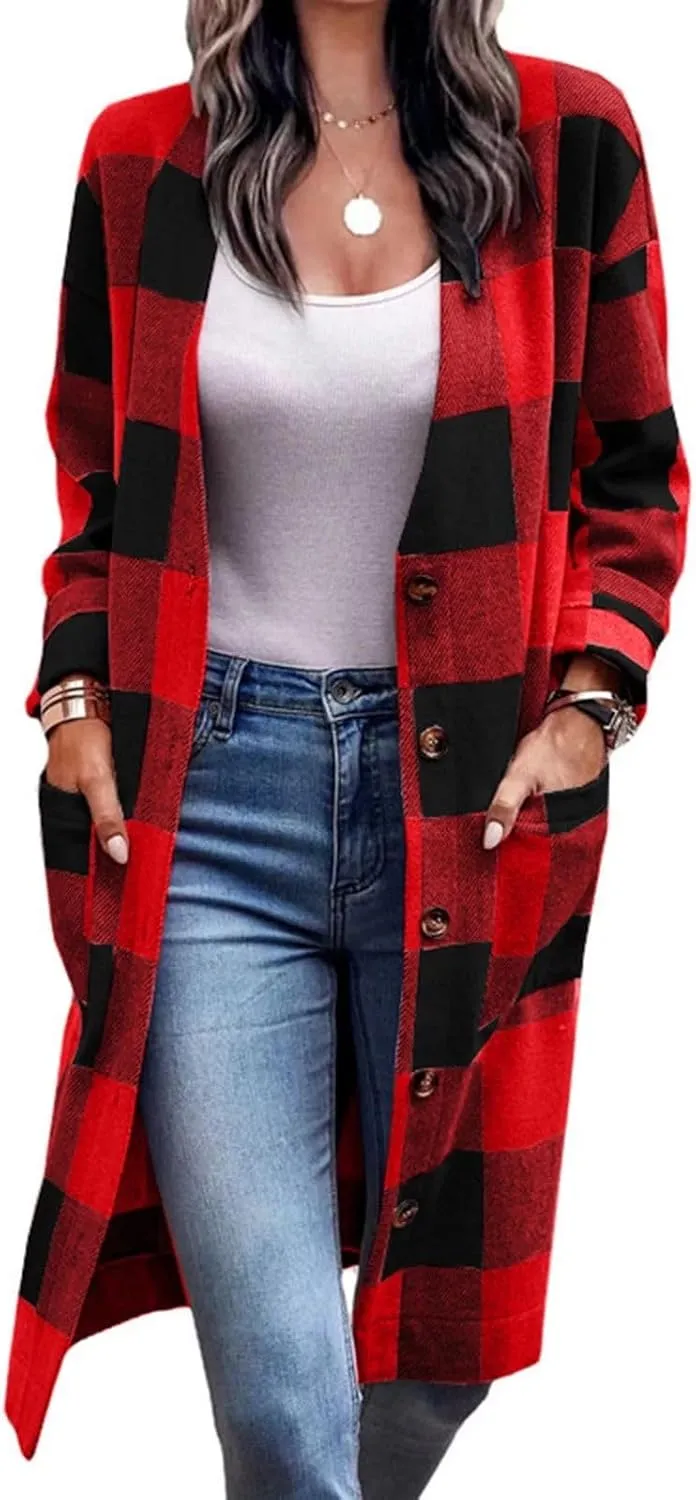 Womens Long Flannel Coats Plaid Shacke Oversuits Long Sleeves Suit Collar Casual Button Down Loose Trendy Jackets