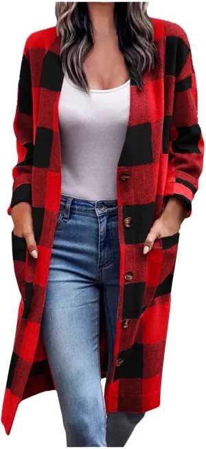 Womens Long Flannel Coats Plaid Shacke Oversuits Long Sleeves Suit Collar Casual Button Down Loose Trendy Jackets