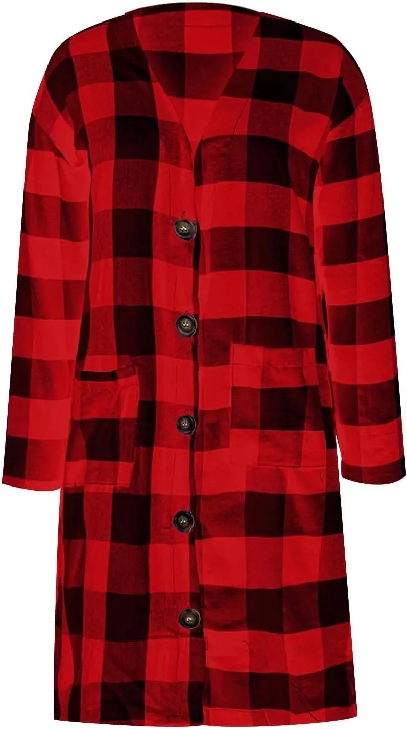 Womens Long Flannel Coats Plaid Shacke Oversuits Long Sleeves Suit Collar Casual Button Down Loose Trendy Jackets