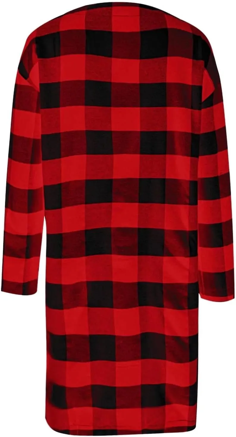 Womens Long Flannel Coats Plaid Shacke Oversuits Long Sleeves Suit Collar Casual Button Down Loose Trendy Jackets