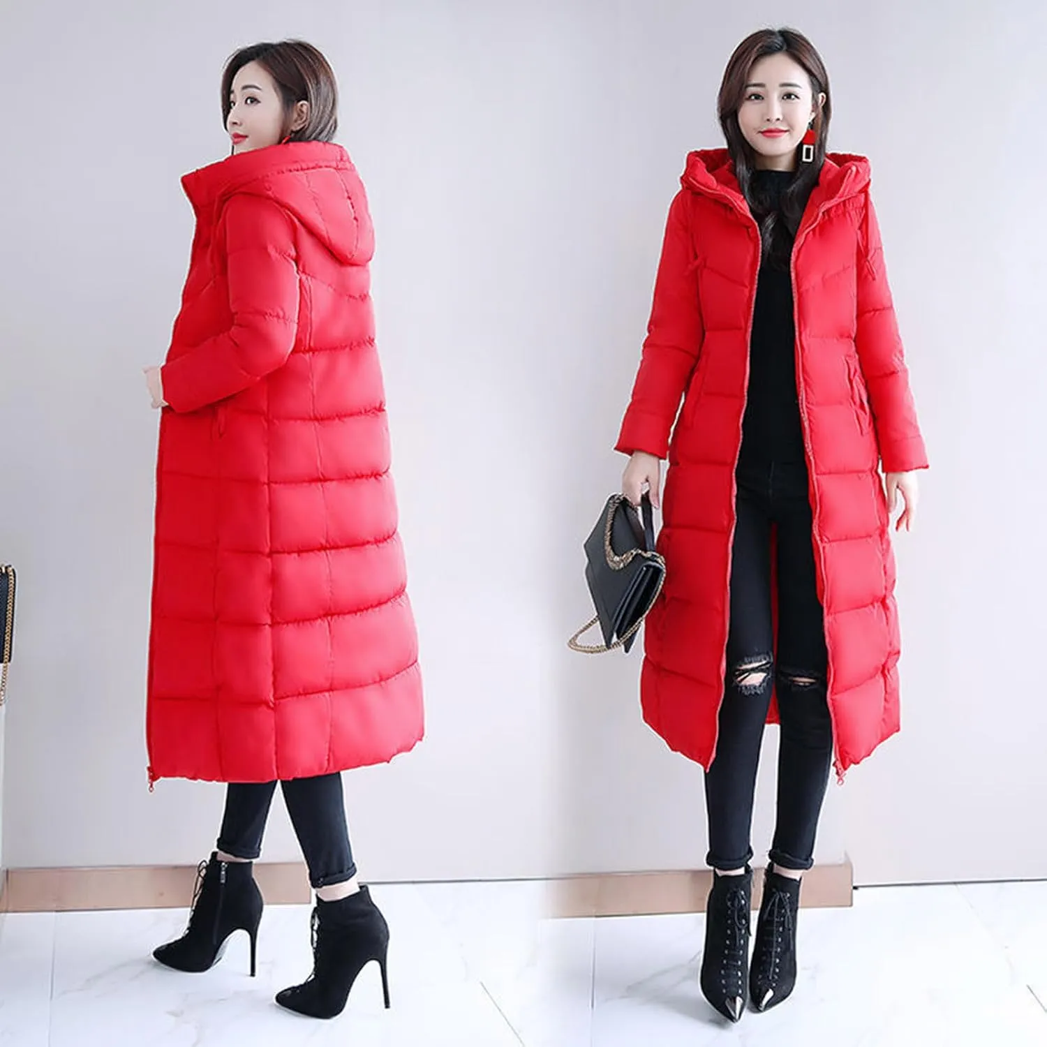 Women's Long Quilted Coat Maxi Length Long Sleeve Puffer Jacket Solid Hooded Padded Coats Thicken Warm Winter Outerwear