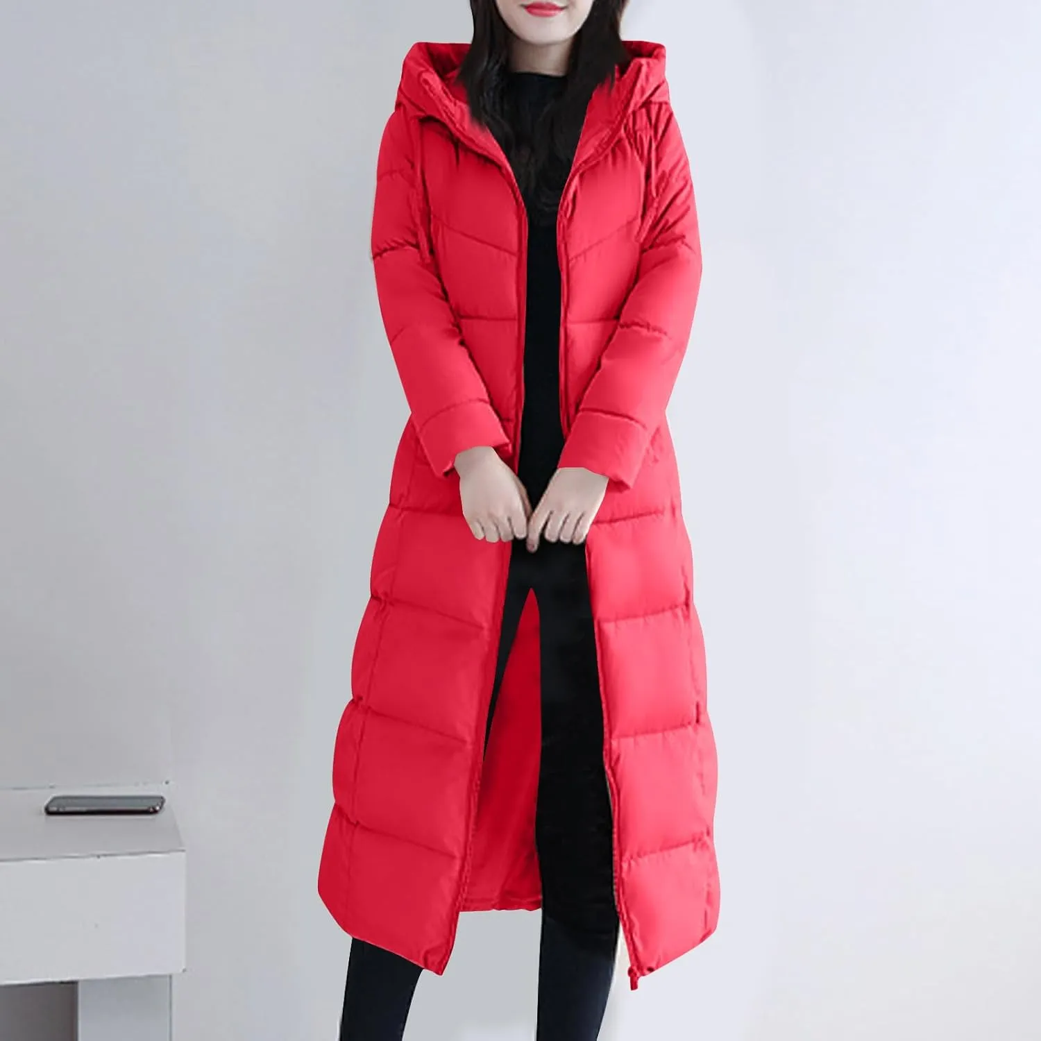 Women's Long Quilted Coat Maxi Length Long Sleeve Puffer Jacket Solid Hooded Padded Coats Thicken Warm Winter Outerwear