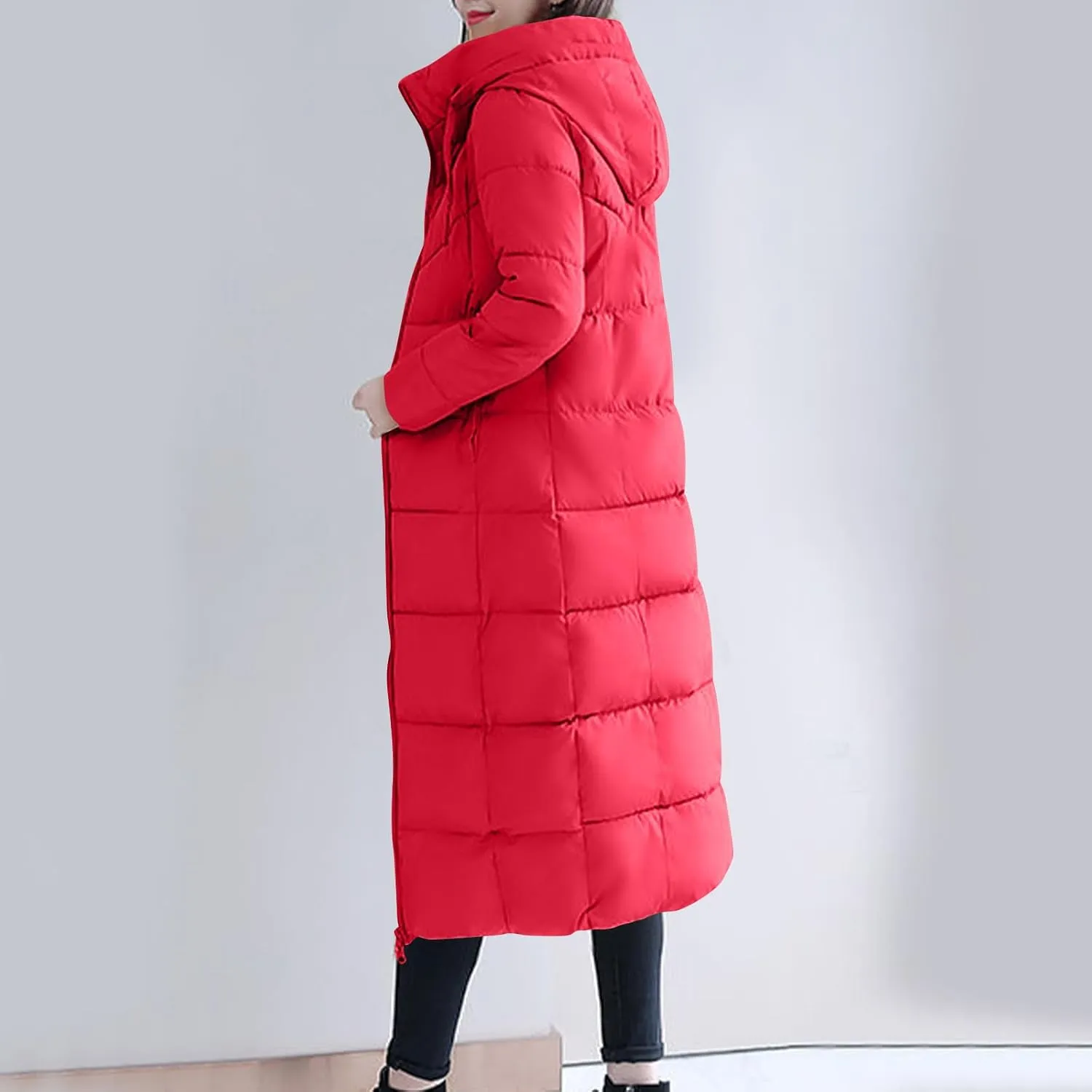 Women's Long Quilted Coat Maxi Length Long Sleeve Puffer Jacket Solid Hooded Padded Coats Thicken Warm Winter Outerwear