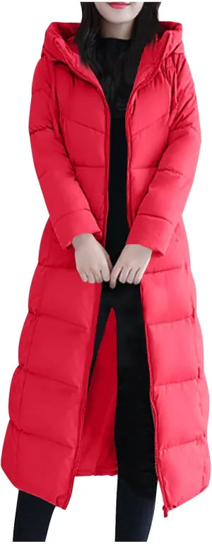 Women's Long Quilted Coat Maxi Length Long Sleeve Puffer Jacket Solid Hooded Padded Coats Thicken Warm Winter Outerwear