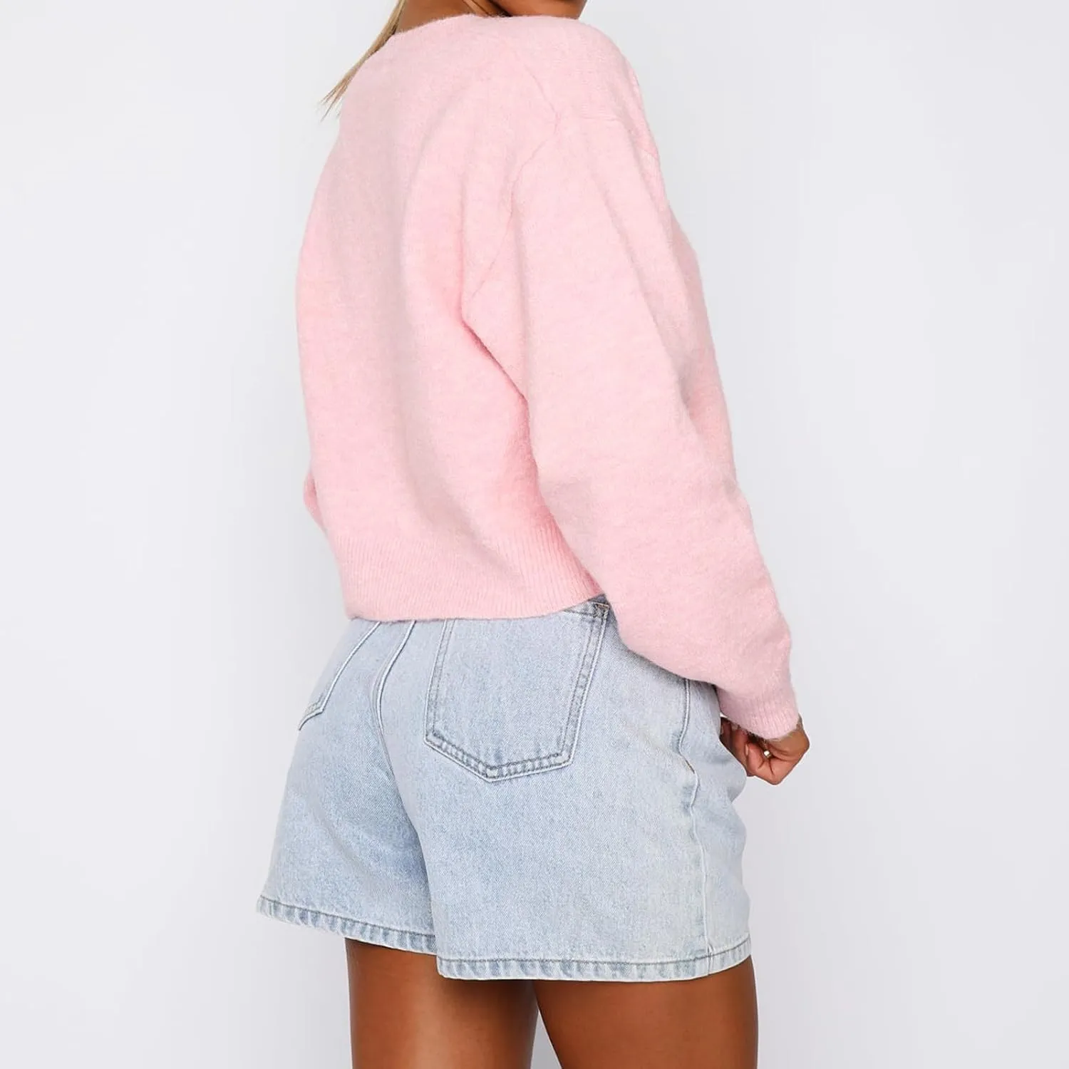 Women's Long Sleeve Cropped Cardigan Open Front Button Down Knit Cardigan Long Sleeve Crew Neck Pullover Y2k Tops