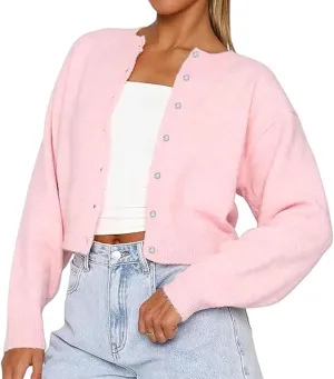 Women's Long Sleeve Cropped Cardigan Open Front Button Down Knit Cardigan Long Sleeve Crew Neck Pullover Y2k Tops
