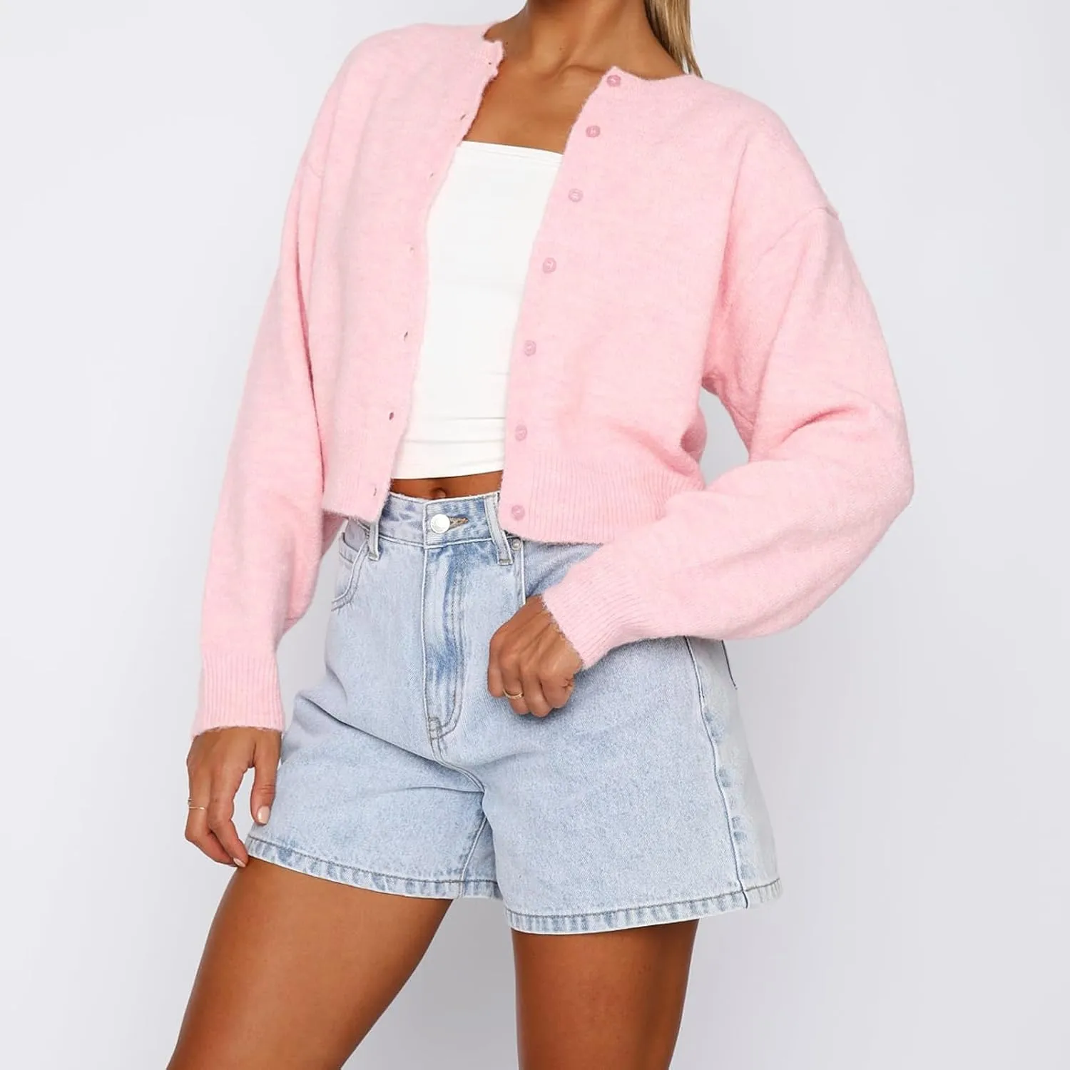 Women's Long Sleeve Cropped Cardigan Open Front Button Down Knit Cardigan Long Sleeve Crew Neck Pullover Y2k Tops
