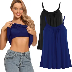 Womens Loose Camisole Top with Built in Padded Bra Flowy Pleated Tank Cami Top