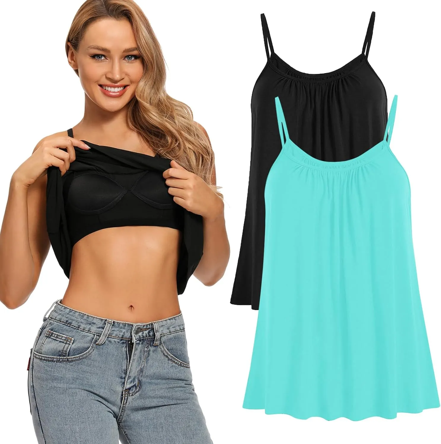 Womens Loose Camisole Top with Built in Padded Bra Flowy Pleated Tank Cami Top