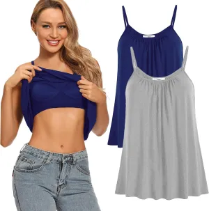 Womens Loose Camisole Top with Built in Padded Bra Flowy Pleated Tank Cami Top