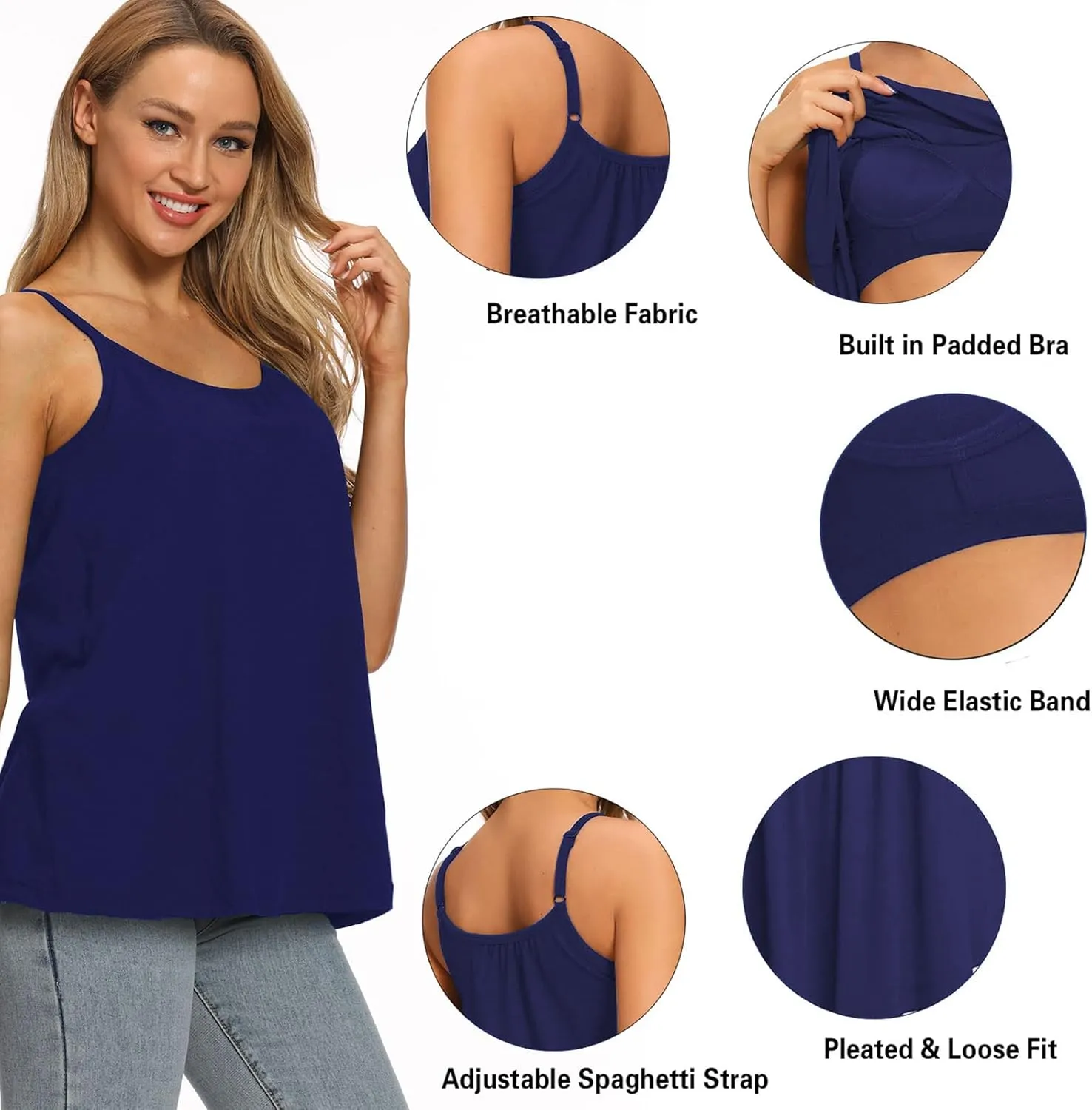 Womens Loose Camisole Top with Built in Padded Bra Flowy Pleated Tank Cami Top